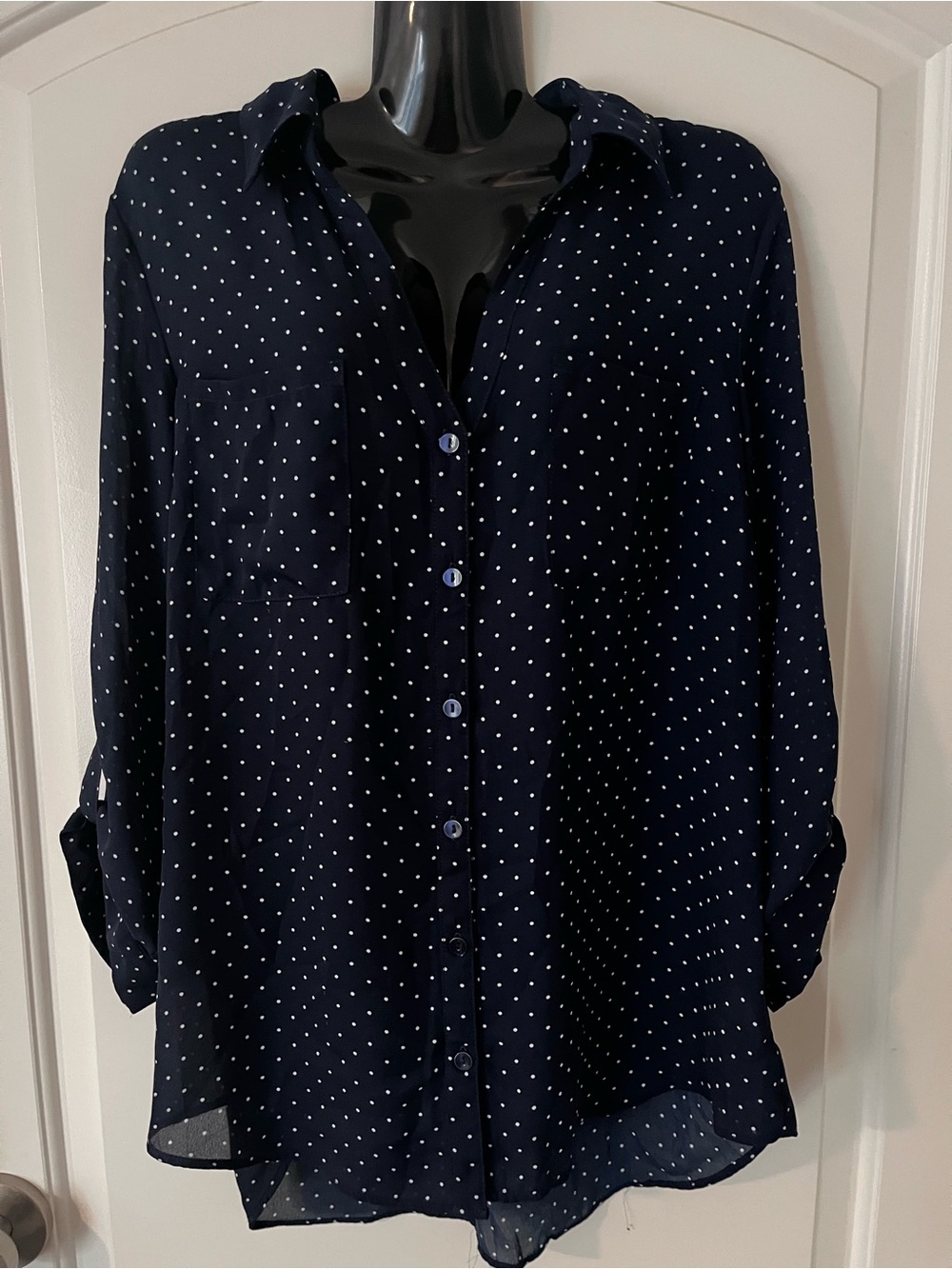 Fortune + Ivy Navy Polka Dot Button-Front Blouse